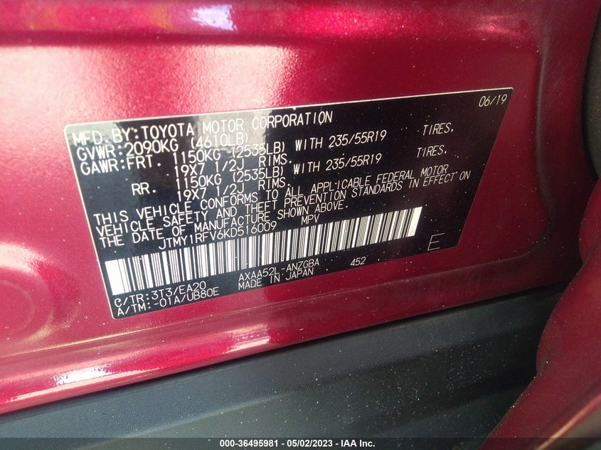 VIN JTMY1RFV6KD516009 2019 TOYOTA RAV4 LIMITED