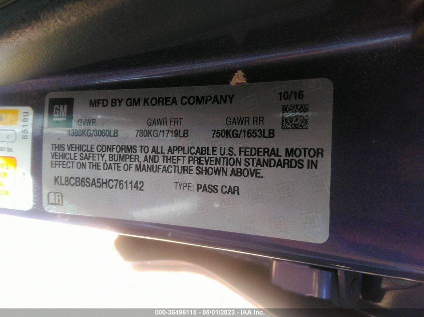 2017 CHEVROLET SPARK LS - KL8CB6SA5HC761142