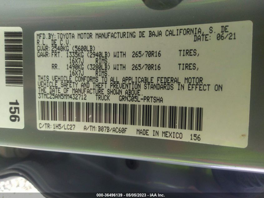 2021 TOYOTA TACOMA 4WD SR/SR5/TRD SPORT - 3TMCZ5AN5MM432712