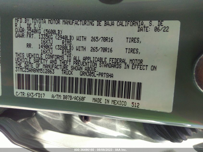 2022 TOYOTA TACOMA 4WD SR/SR5/TRD SPORT - 3TMCZ5AN8NM512863
