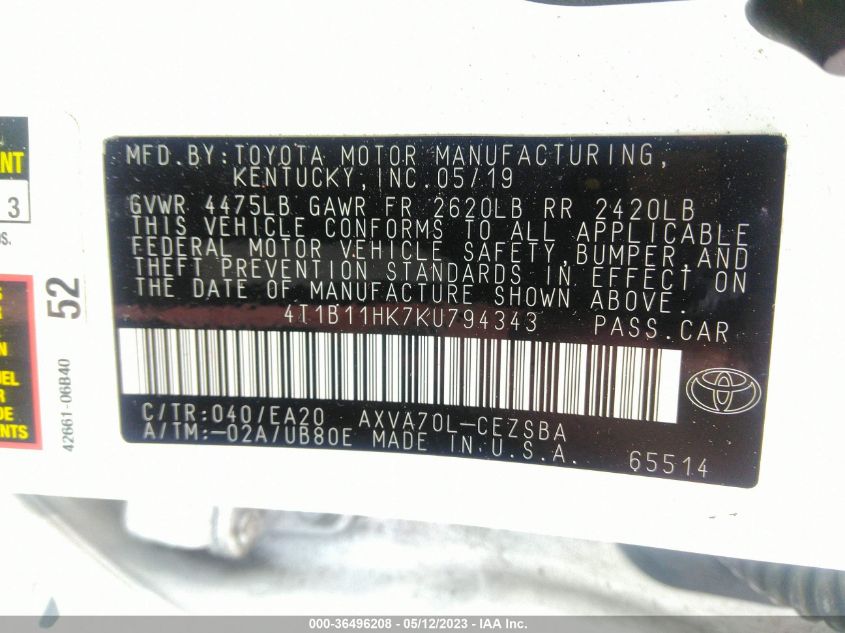2019 TOYOTA CAMRY SE - 4T1B11HK7KU794343