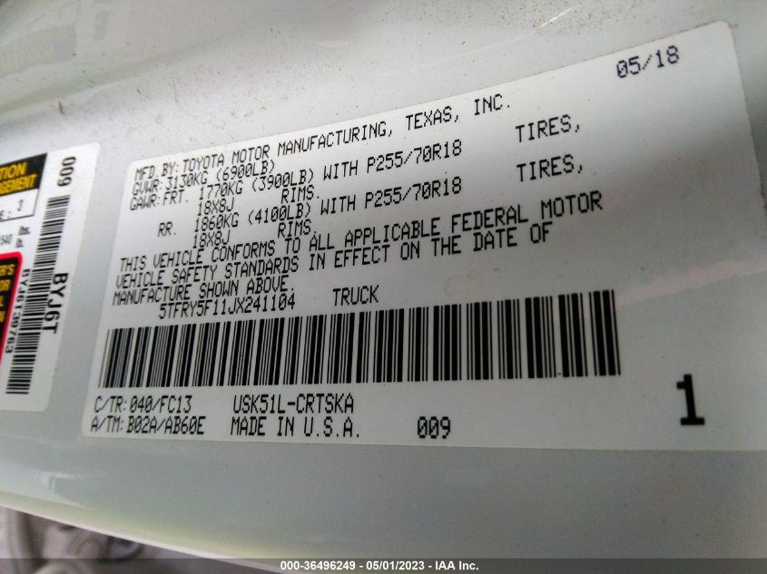 2018 TOYOTA TUNDRA 2WD SR/SR5/LIMITED - 5TFRY5F11JX241104