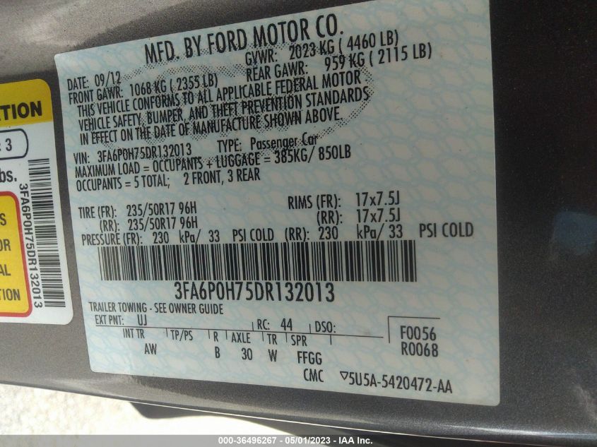 2013 FORD FUSION SE - 3FA6P0H75DR132013