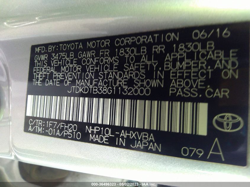 2016 TOYOTA PRIUS C ONE/TWO/THREE/FOUR - JTDKDTB38G1132000
