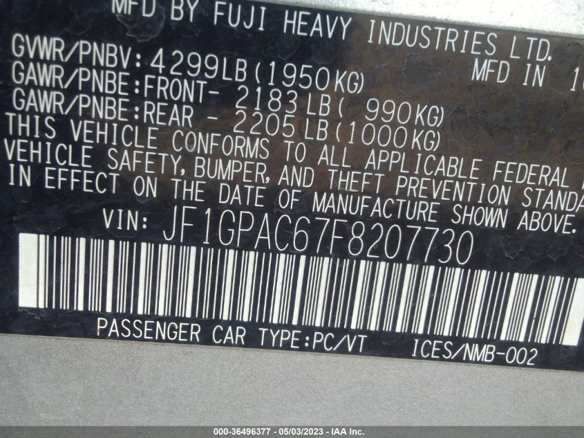2015 SUBARU IMPREZA WAGON 2.0I PREMIUM - JF1GPAC67F8207730