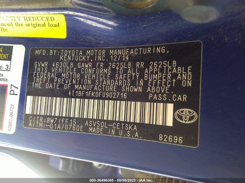 2015 TOYOTA CAMRY XLE/SE/LE/XSE - 4T1BF1FK0FU902716