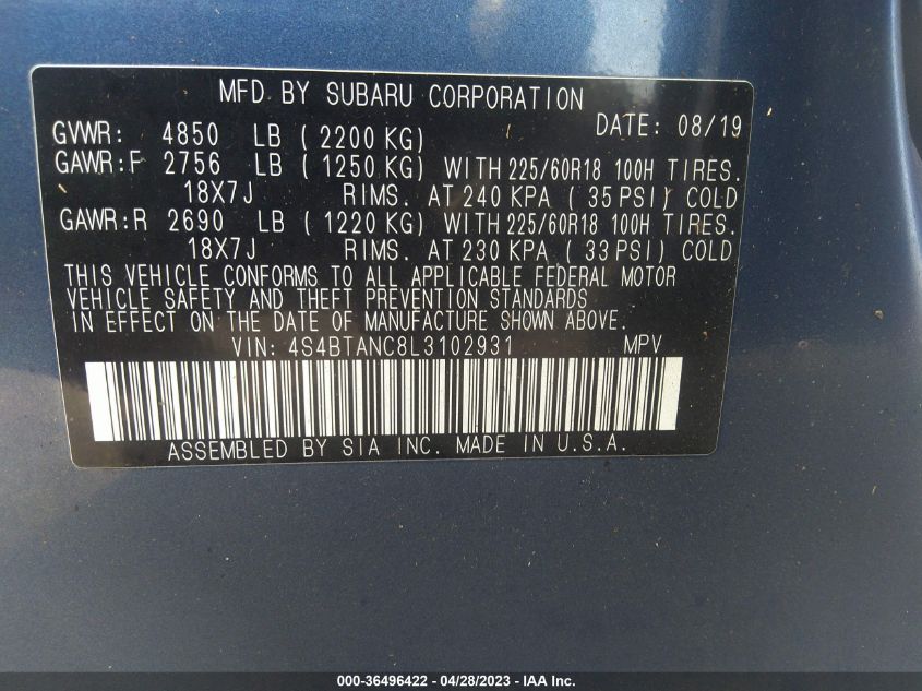 2020 SUBARU OUTBACK LIMITED - 4S4BTANC8L3102931