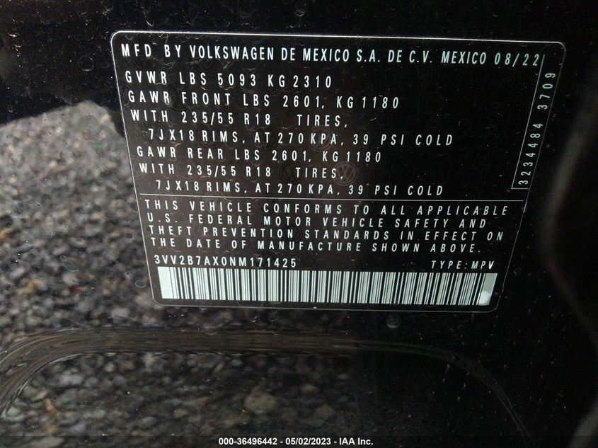VIN 3VV2B7AX0NM171425 2022 VOLKSWAGEN TIGUAN SE
