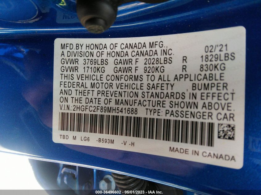 2021 HONDA CIVIC SEDAN SPORT - 2HGFC2F89MH541688