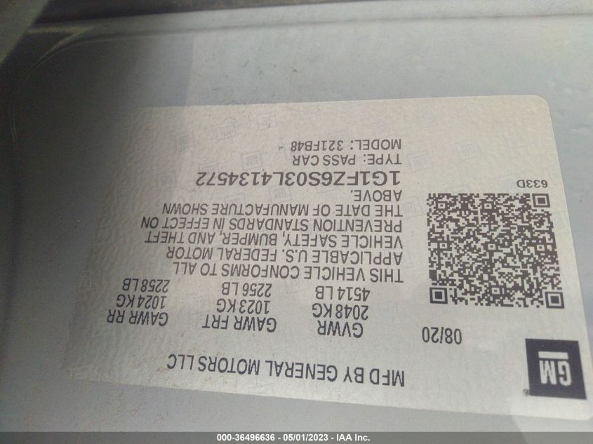 2020 CHEVROLET BOLT EV PREMIER - 1G1FZ6S03L4134572