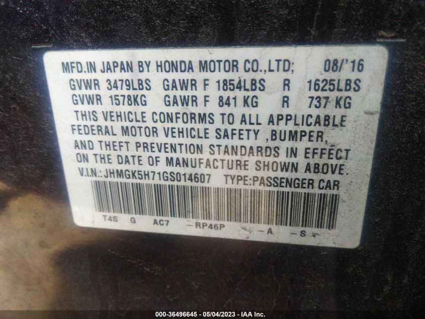 2016 HONDA FIT EX - JHMGK5H71GS014607
