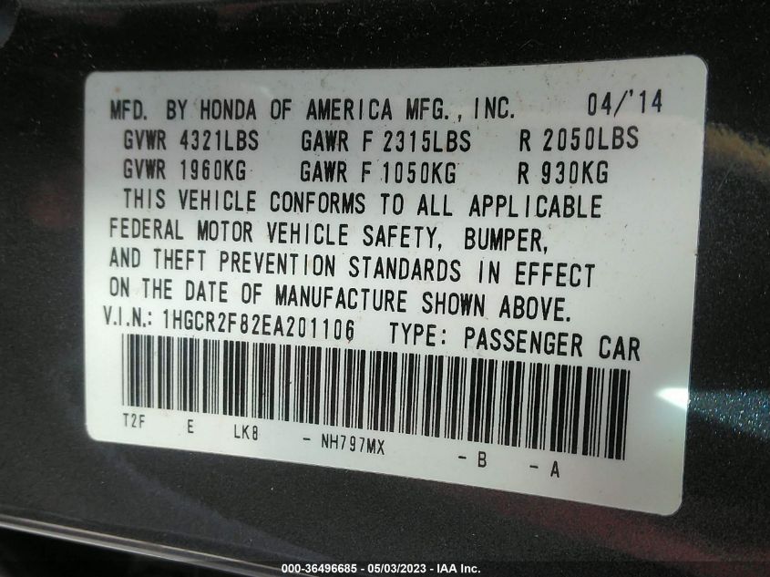 2014 HONDA ACCORD SEDAN EX-L - 1HGCR2F82EA201106