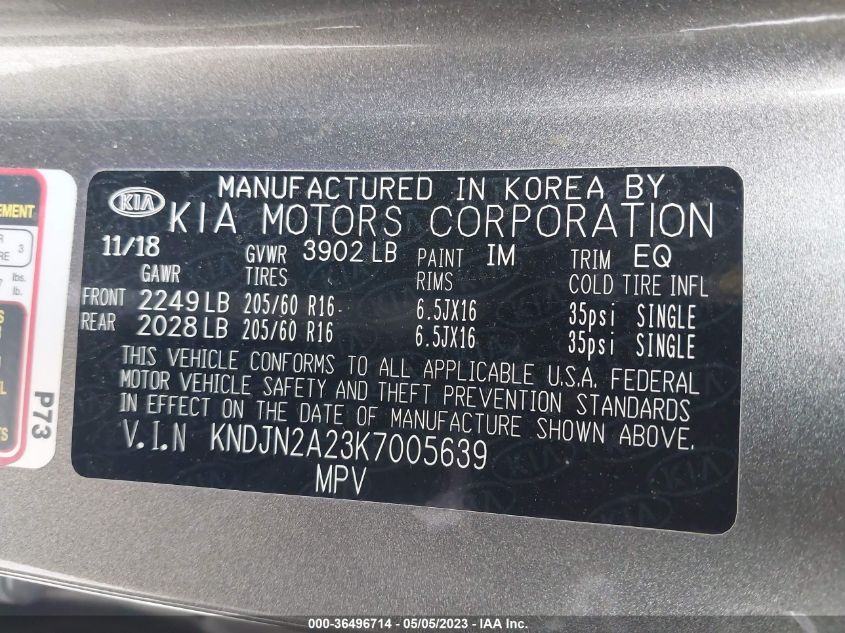 2019 KIA SOUL BASE - KNDJN2A23K7005639
