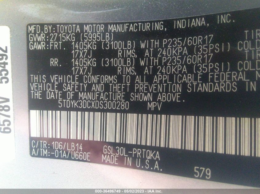 2013 TOYOTA SIENNA XLE AAS/XLE/LTD - 5TDYK3DCXDS300280