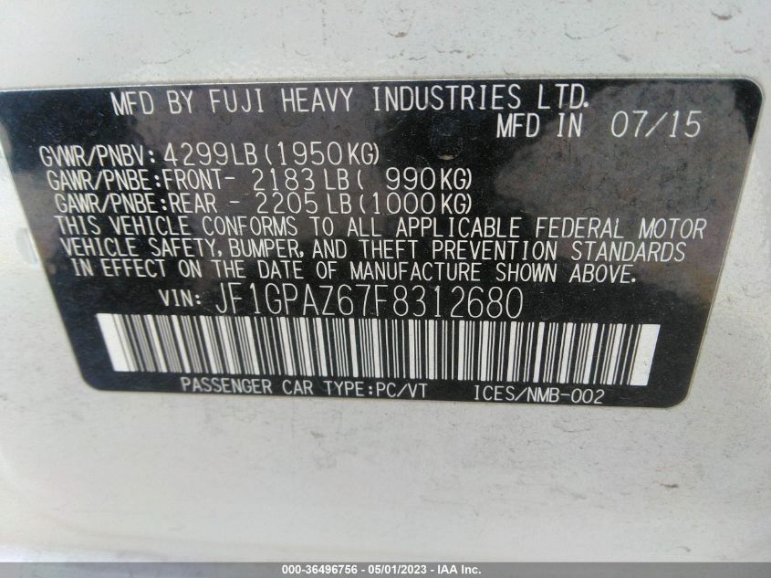 2015 SUBARU IMPREZA WAGON 2.0I SPORT LIMITED - JF1GPAZ67F8312680