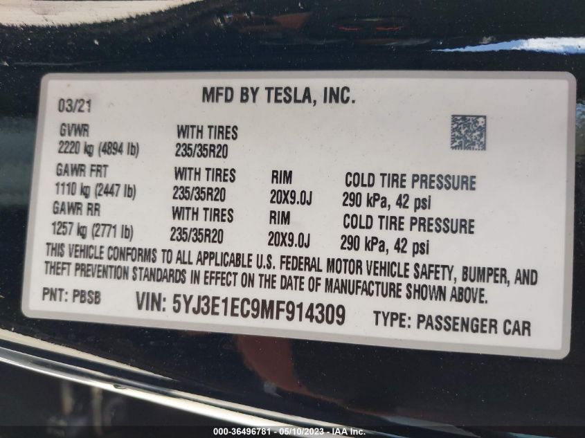 2021 TESLA MODEL 3 PERFORMANCE - 5YJ3E1EC9MF914309