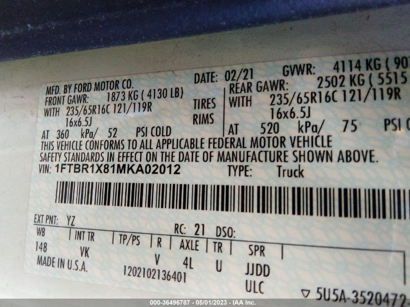 2021 FORD TRANSIT CARGO VAN - 1FTBR1X81MKA02012
