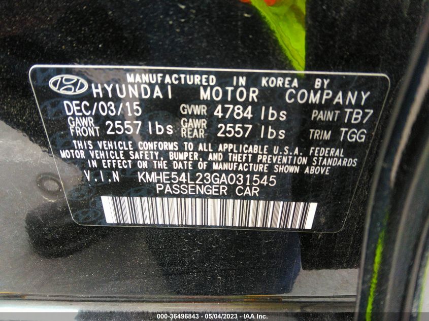2016 HYUNDAI SONATA PLUG-IN HYBRID LIMITED - KMHE54L23GA031545