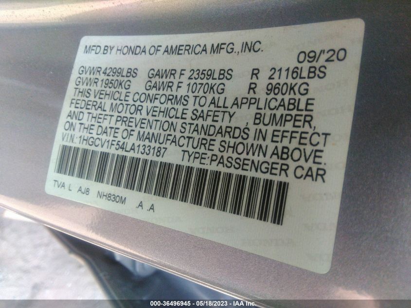 2020 HONDA ACCORD SEDAN EX-L - 1HGCV1F54LA133187