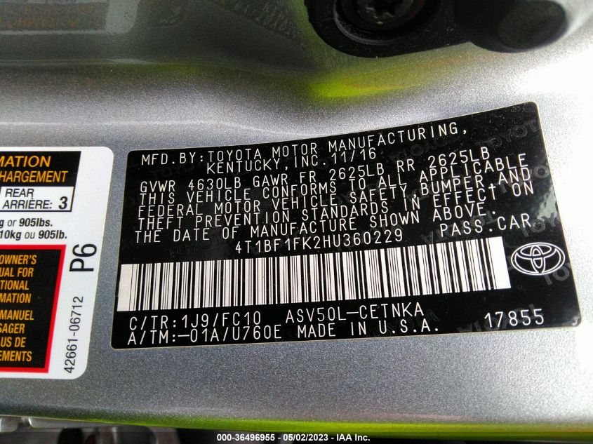2017 TOYOTA CAMRY LE - 4T1BF1FK2HU360229