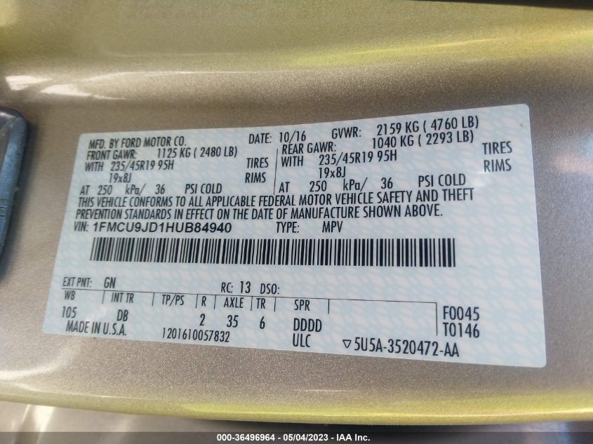 2017 FORD ESCAPE TITANIUM - 1FMCU9JD1HUB84940