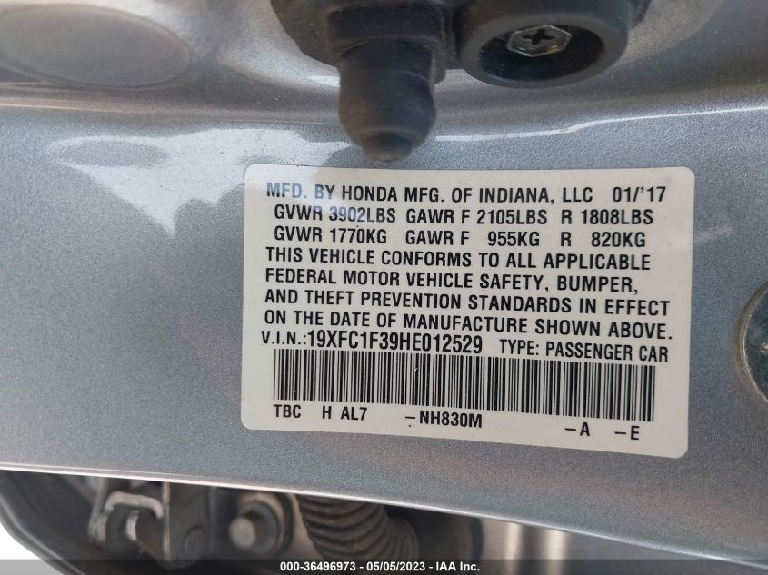 2017 HONDA CIVIC SEDAN EX-T - 19XFC1F39HE012529