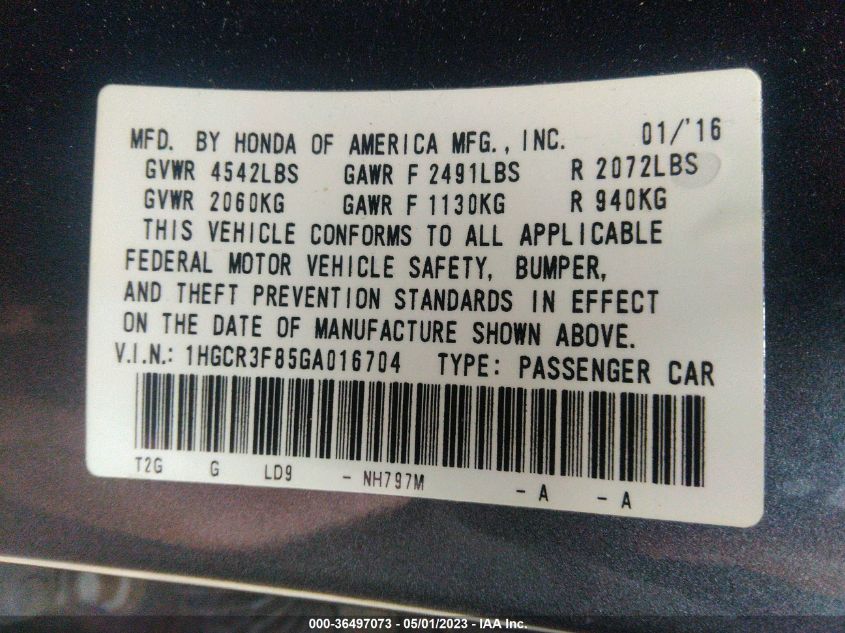 2016 HONDA ACCORD SEDAN EX-L - 1HGCR3F85GA016704