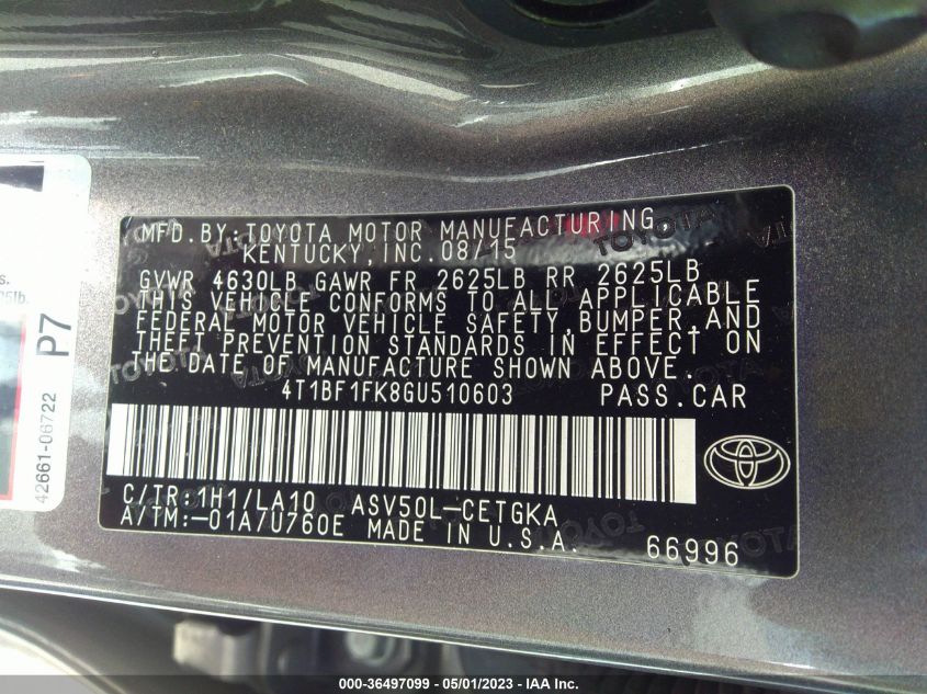 2016 TOYOTA CAMRY XLE/SE/LE/XSE - 4T1BF1FK8GU510603