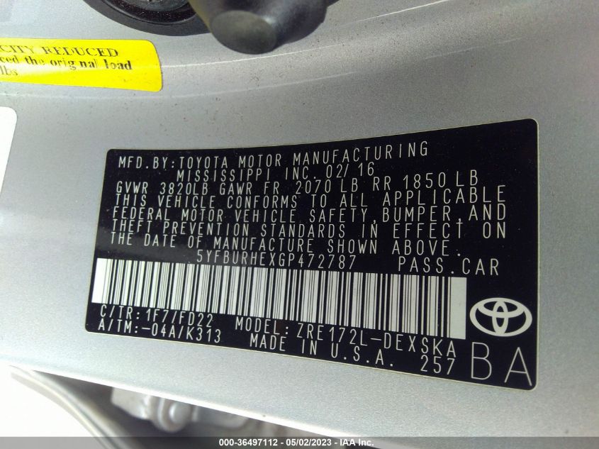 2016 TOYOTA COROLLA S - 5YFBURHEXGP472787