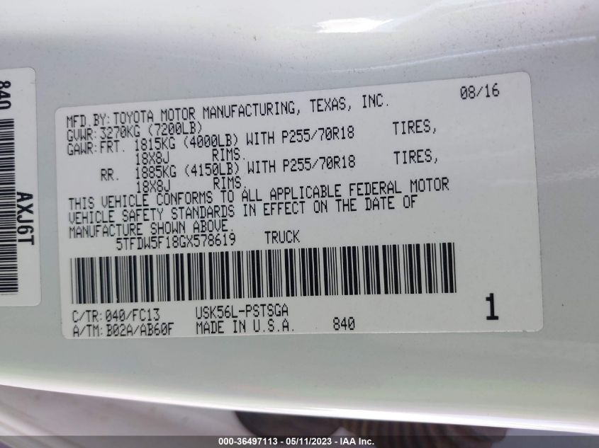 2016 TOYOTA TUNDRA 4WD TRUCK SR5/TRD PRO - 5TFDW5F18GX578619