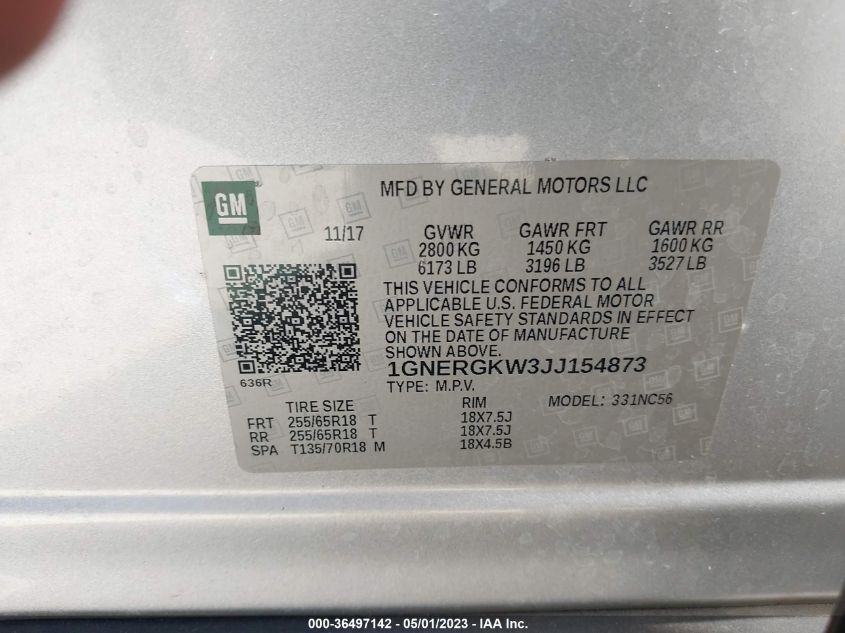 2018 CHEVROLET TRAVERSE LT CLOTH - 1GNERGKW3JJ154873