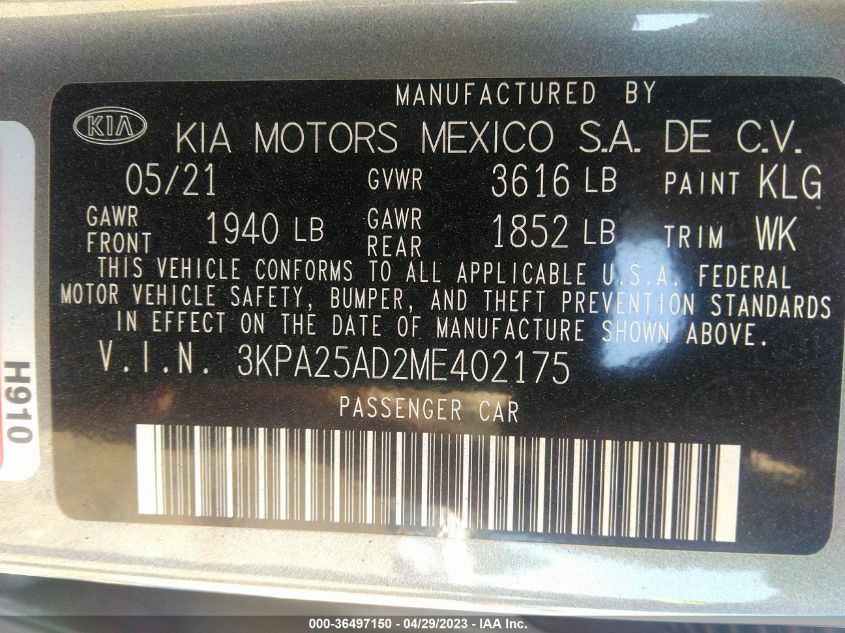 2021 KIA RIO 5-DOOR S 3KPA25AD2ME402175