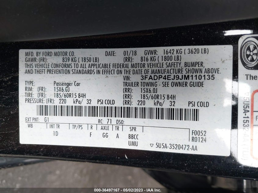VIN 3FADP4EJ9JM110135 2018 FORD FIESTA SE
