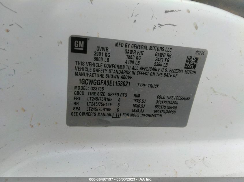 2014 CHEVROLET EXPRESS CARGO VAN - 1GCWGGFA3E1153021