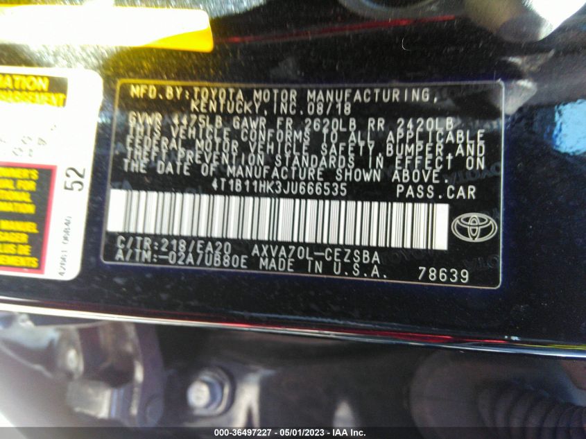 2018 TOYOTA CAMRY LE/SE/XLE/L - 4T1B11HK3JU666535