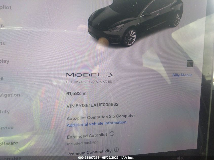 2018 TESLA MODEL 3 RANGE BATTERY - 5YJ3E1EA1JF005832