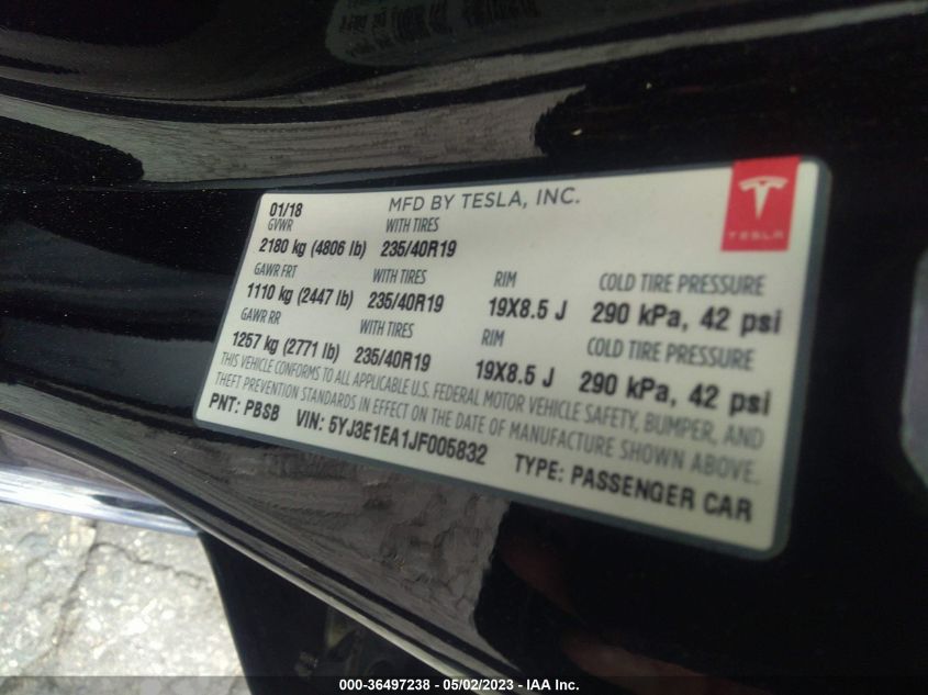 2018 TESLA MODEL 3 RANGE BATTERY - 5YJ3E1EA1JF005832