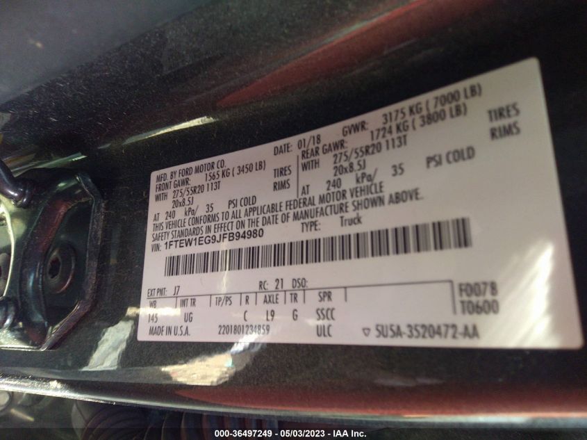2018 FORD F-150 XL/XLT/LARIAT - 1FTEW1EG9JFB94980