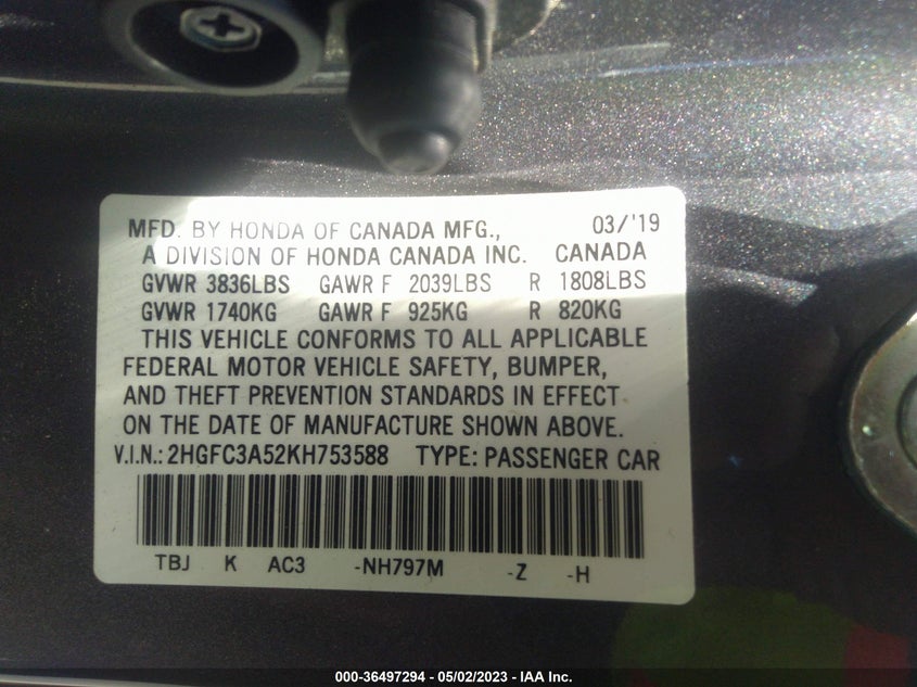 VIN 2HGFC3A52KH753588 2019 HONDA CIVIC SI COUPE