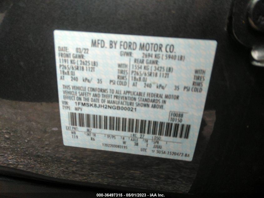 2022 FORD EXPLORER TIMBERLINE - 1FMSK8JH2NGB00021