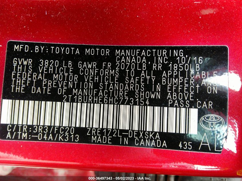 2017 TOYOTA COROLLA SE - 2T1BURHE6HC773154