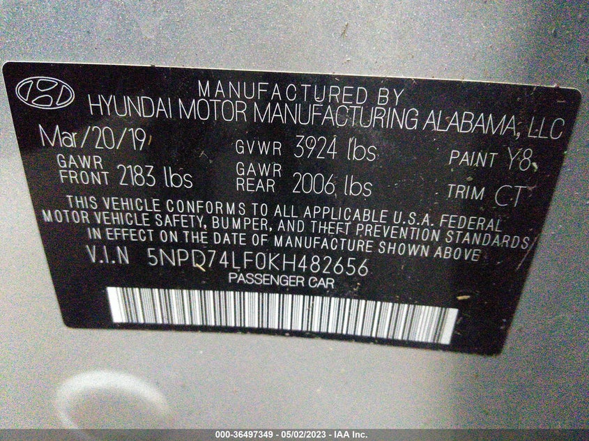 VIN 5NPD74LF0KH482656 2019 HYUNDAI ELANTRA SE