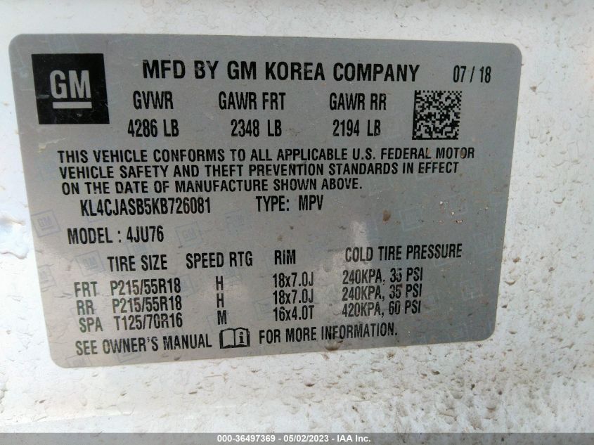 2019 BUICK ENCORE PREFERRED - KL4CJASB5KB726081