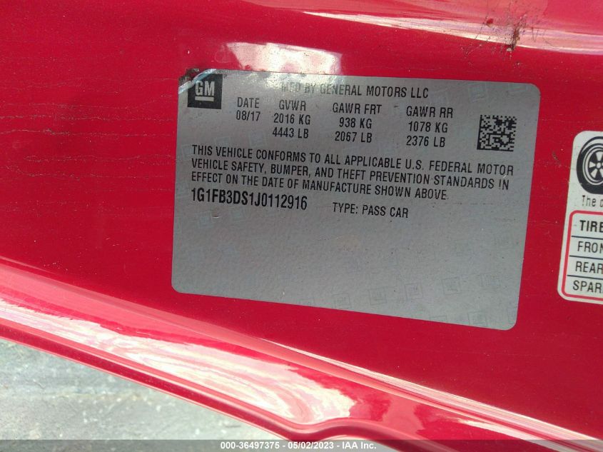2018 CHEVROLET CAMARO 1LT - 1G1FB3DS1J0112916