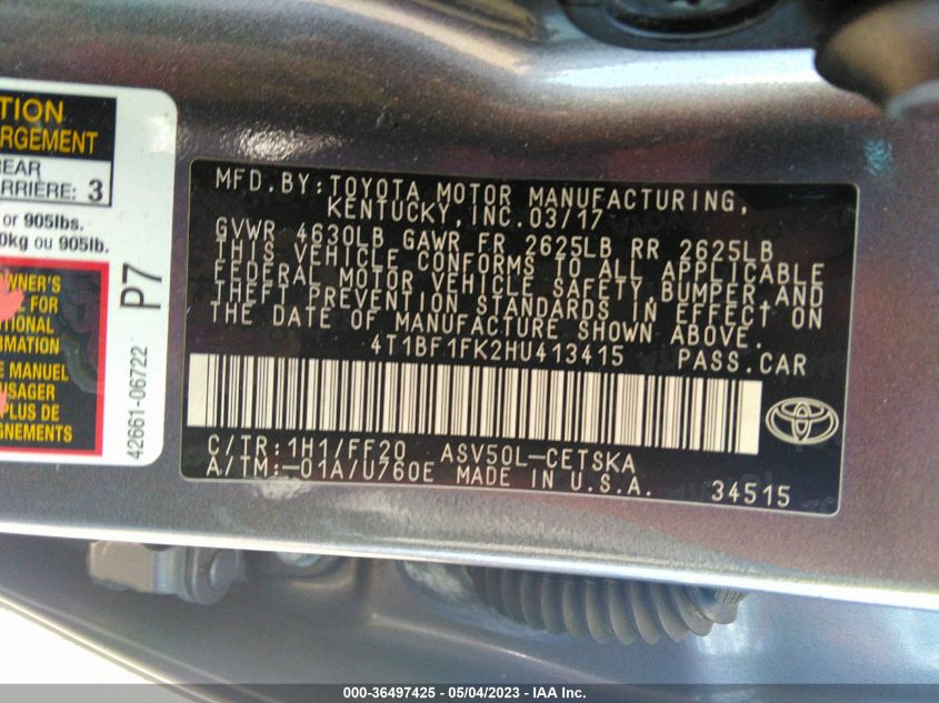 2017 TOYOTA CAMRY XLE/SE/LE/XSE - 4T1BF1FK2HU413415