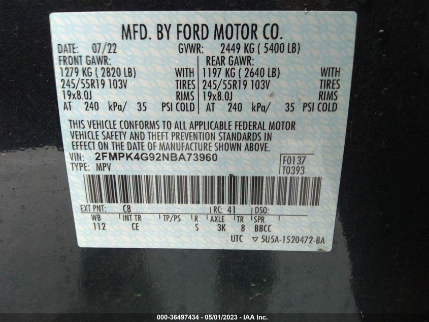 VIN 2FMPK4G92NBA73960 2022 FORD EDGE SE