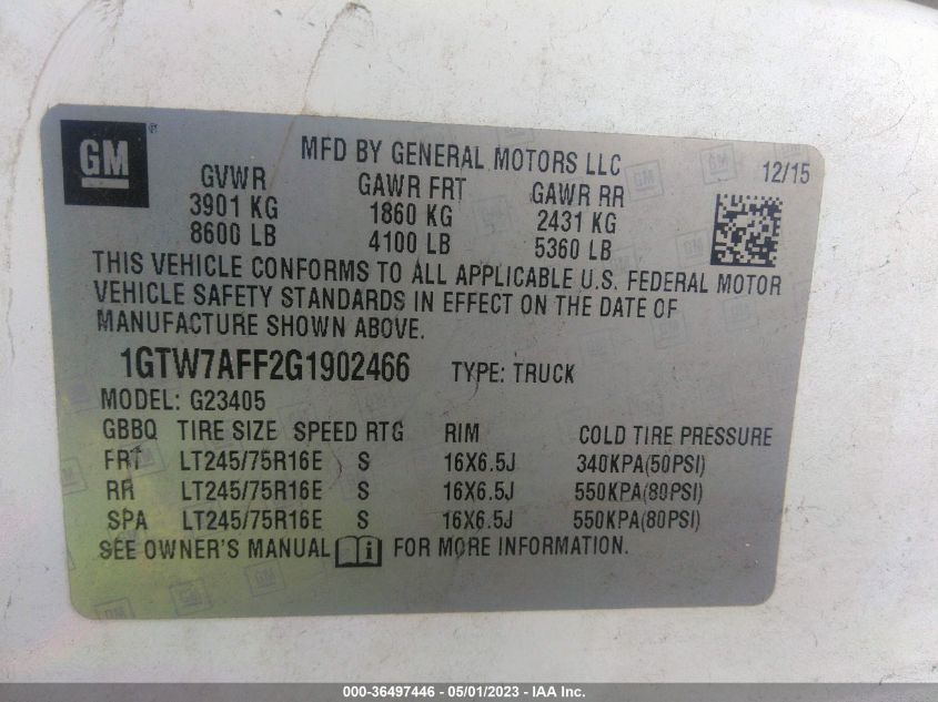 2016 GMC SAVANA CARGO VAN 1GTW7AFF2G1902466