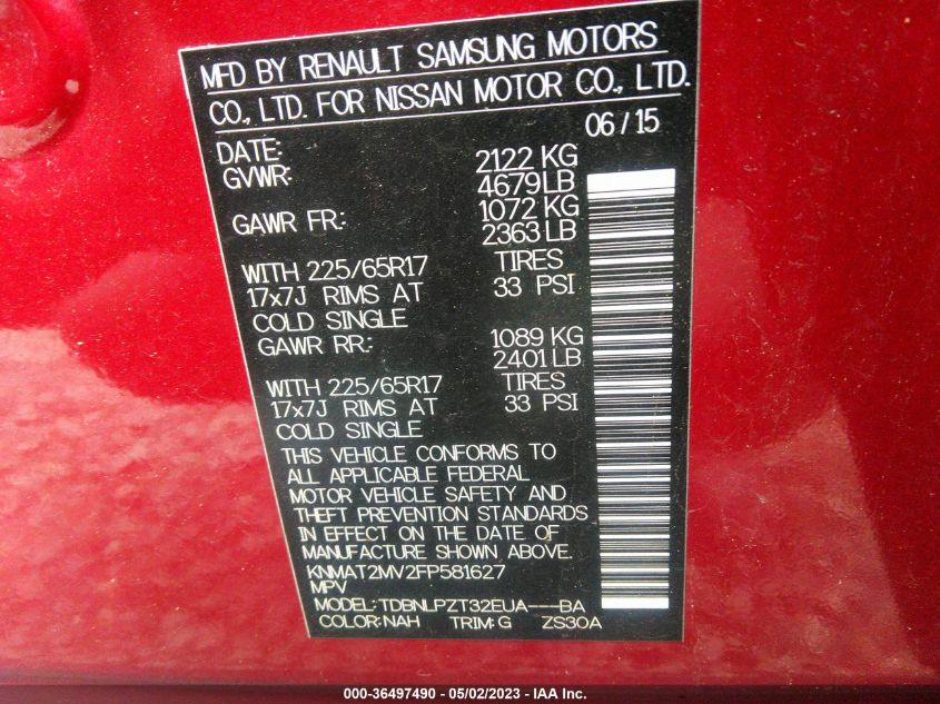 2015 NISSAN ROGUE S - KNMAT2MV2FP581627