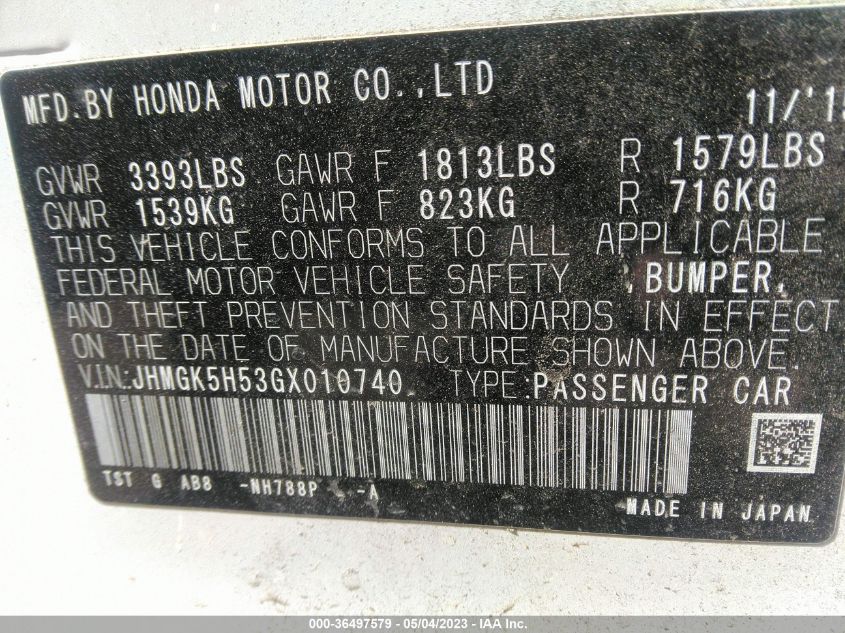 2016 HONDA FIT LX - JHMGK5H53GX010740