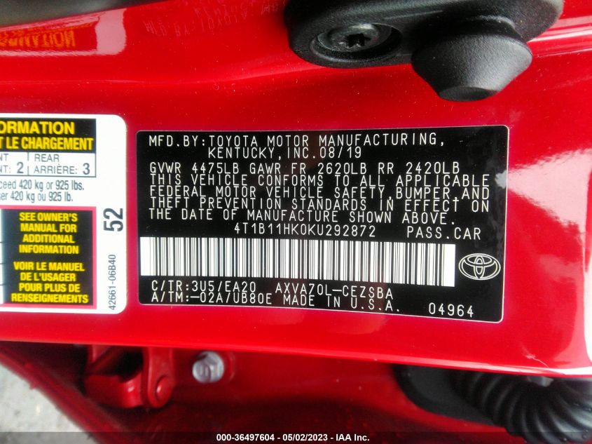 2019 TOYOTA CAMRY LE/SE/XLE/L - 4T1B11HK0KU292872